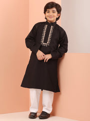 Black Embroidered Zip Closure Kids Boy's Kurta Pajama Set