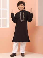 Black Embroidered Zip Closure Kids Boy's Kurta Pajama Set
