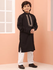 Black Embroidered Zip Closure Kids Boy's Kurta Pajama Set