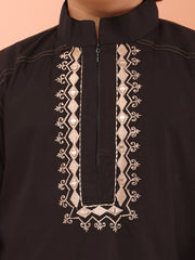 Black Embroidered Zip Closure Kids Boy's Kurta Pajama Set