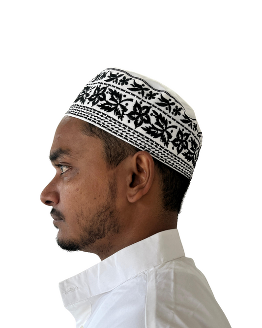 Men's White Cotton Embroidered Kufi Cap