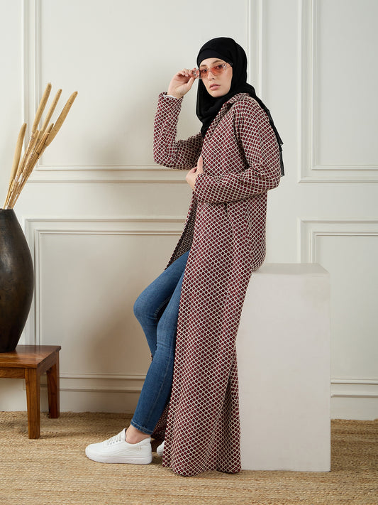 Women Cotton Knitted Front Open Shrug with Black Georgette Hijab