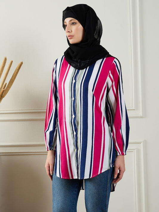 Women Front Open Striped Modest Shirt