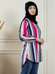 Women Front Open Striped Modest Shirt