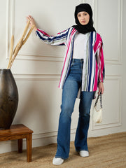 Women Front Open Striped Modest Shirt