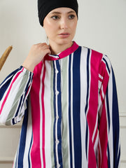 Women Front Open Striped Modest Shirt