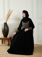 Black Abaya/Burqa with Embroidery and Black Georgette Hijab