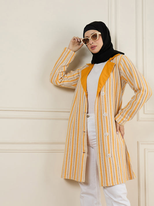 Clearance Sale: Front Open Cotton Knitted Yellow Jacket