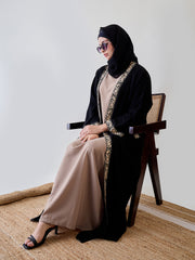 2 Piece Set Embroidered Shrug Abaya with Black Georgette Hijab