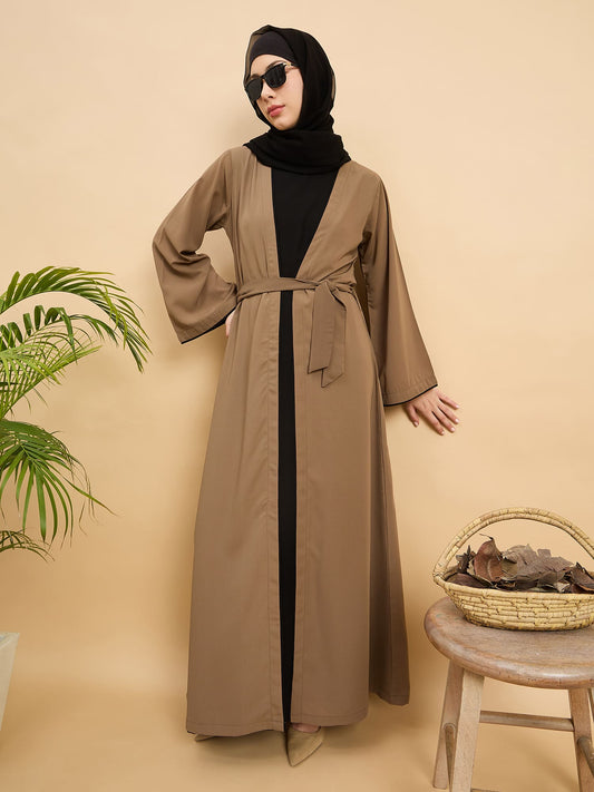 Women 2 Piece Set Front Open Shrug Abaya with Black Georgette Hijab