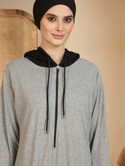 Grey Modest Jersey Abaya with attached Black Hood