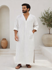 Men's White Linen Long Sleeve Kaftan | V neck Gown | Moroccan Robe