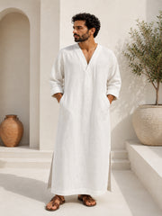 Men's White Linen Long Sleeve Kaftan | V neck Gown | Moroccan Robe