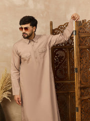 Men’s Beige Arabic Thobe with Shirt Collar