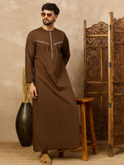 Men’s Brown Arabic Thobe with Contrast Piping