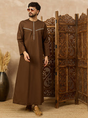 Men’s Brown Arabic Thobe with Contrast Piping