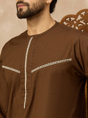 Men’s Brown Arabic Thobe with Contrast Piping