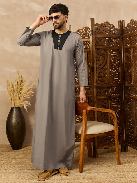 Men’s Grey Arabic Thobe with Black Neck Panel