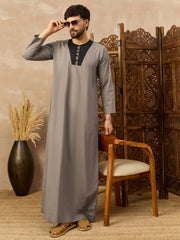 Men’s Grey Arabic Thobe with Black Neck Panel