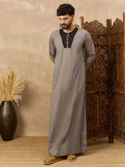 Men’s Grey Arabic Thobe with Black Neck Panel