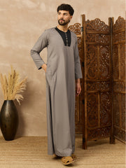 Men’s Grey Arabic Thobe with Black Neck Panel