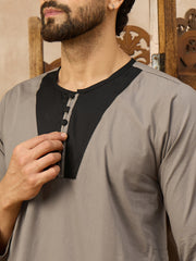 Men’s Grey Arabic Thobe with Black Neck Panel