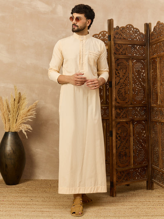 Men’s Cream Thobe with Mandarin Collar and Front Detailing