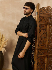 Men’s Black Arabic Thobe with Pintuck Panel