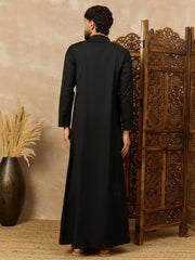 Men’s Black Thobe with Embroidered Button Placket