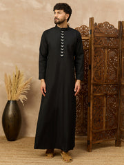 Men’s Black Thobe with Embroidered Button Placket