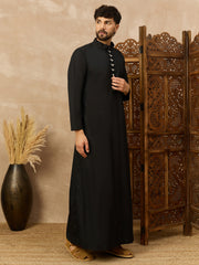 Men’s Black Thobe with Embroidered Button Placket