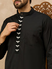 Men’s Black Thobe with Embroidered Button Placket