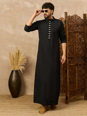 Men’s Black Thobe with Embroidered Button Placket