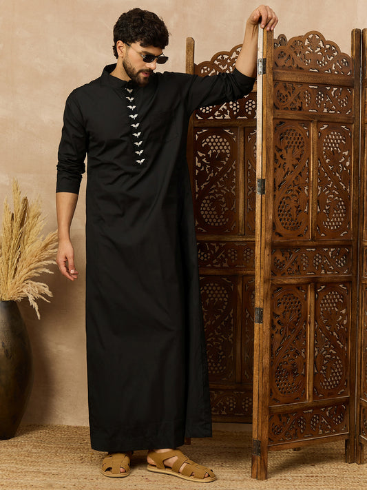 Men’s Black Thobe with Embroidered Button Placket