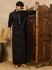 Men’s Black Thobe with Embroidered Button Placket