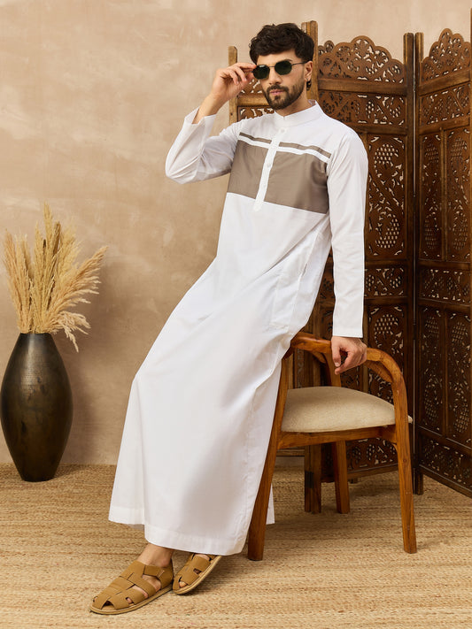 Men’s White Arabic Thobe with Contrast Chest Panel