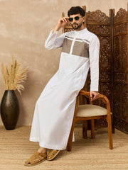 Men’s White Arabic Thobe with Contrast Chest Panel