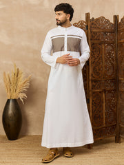 Men’s White Arabic Thobe with Contrast Chest Panel