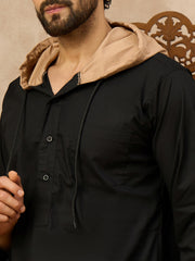 Men’s Black Thobe with Contrast Hood and Button Placket