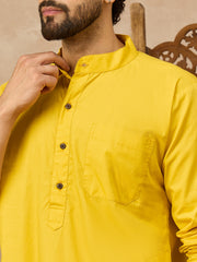 Cotton Yellow Kurta and White Pajama Set for Men