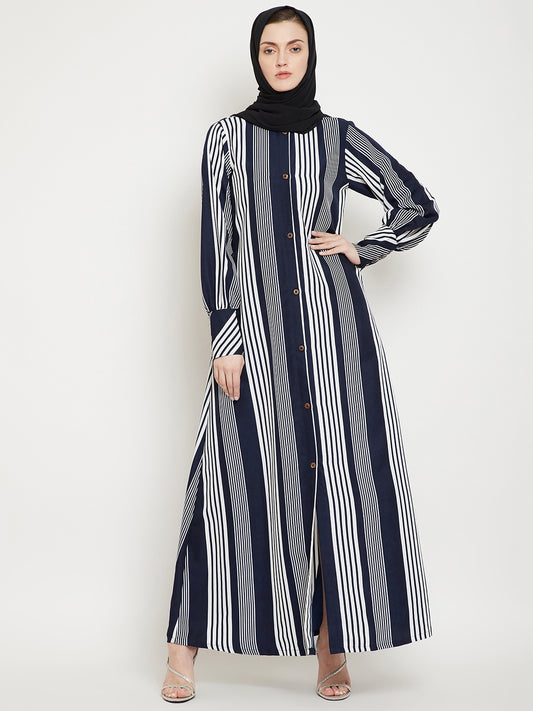 Blue Front Open Stripe Abaya Burqa for Women with Black Georgette Hijab