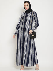 Blue Front Open Stripe Abaya Burqa for Women with Black Georgette Hijab
