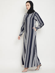 Blue Front Open Stripe Abaya Burqa for Women with Black Georgette Hijab
