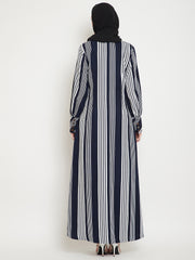 Blue Front Open Stripe Abaya Burqa for Women with Black Georgette Hijab