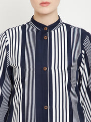 Blue Front Open Stripe Abaya Burqa for Women with Black Georgette Hijab