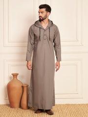 Men’s Grey Thobe with Contrast Hood and Button Placket