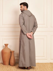 Men’s Grey Thobe with Contrast Hood and Button Placket
