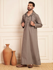 Men’s Grey Thobe with Contrast Hood and Button Placket