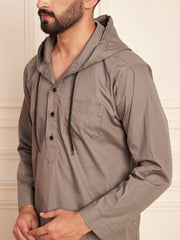 Men’s Grey Thobe with Contrast Hood and Button Placket