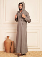 Men’s Grey Thobe with Contrast Hood and Button Placket